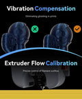 Vibration compensation and extruder flow calibration features of the Adventurer 5M 3D Printer With Fully Auto Leveling System and CoreXY.