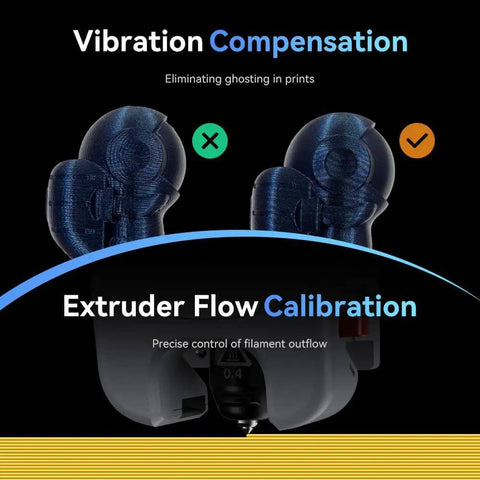 Vibration compensation and extruder flow calibration features of the Adventurer 5M 3D Printer With Fully Auto Leveling System and CoreXY.