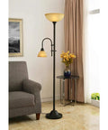 Amazing Transitional Bronze Torchiere Floor Lamp With Vintage Style Amber Scavo Glass Shade Adds Elegant Touch To Industrial Decor Stands 71.5 Inches Tall Perfect For Living Room And Home Office Lighting next to gray sofa and table