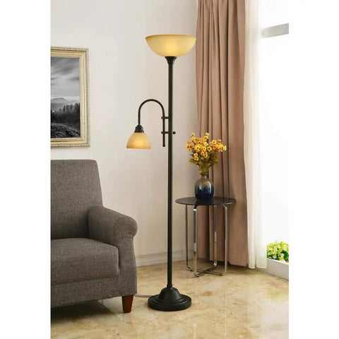 Amazing Transitional Bronze Torchiere Floor Lamp With Vintage Style Amber Scavo Glass Shade Adds Elegant Touch To Industrial Decor Stands 71.5 Inches Tall Perfect For Living Room And Home Office Lighting next to gray sofa and table