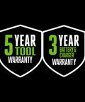Warranty badges for 5-year tool and 3-year battery and charger; Cordless Trimmer And Blower Combo Kit With 56V 4.0Ah Battery And Charger POWERLOAD Technology For Quick Line Feed 15 Inch Trimmer For Weeds And Grass 670 CFM Blower Easy Start And Low Maintenance