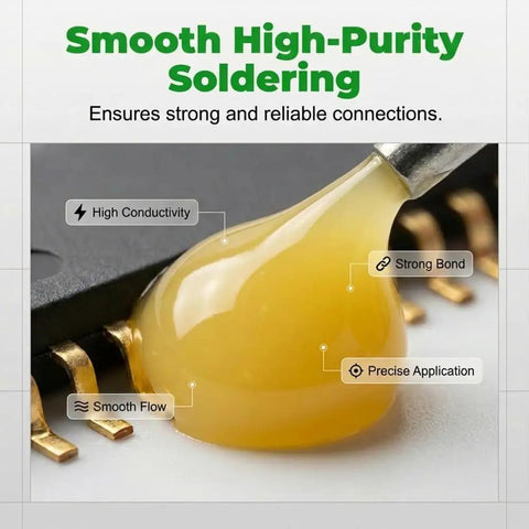 Close-up of soldering flux paste on PCB highlighting smooth flow, strong bond, and precise application for electronics welding.