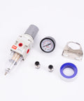 Pro Grade 1/4 Inch NPT Air Filter Regulator Combo with metal bracket, gauge, and fittings displayed on a white surface.