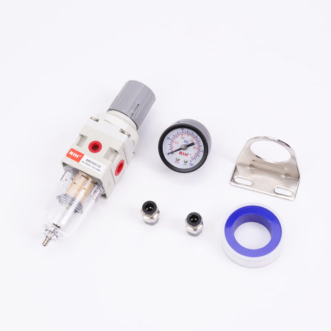 Pro Grade 1/4 Inch NPT Air Filter Regulator Combo with metal bracket, gauge, and fittings displayed on a white surface.