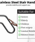 Rock Solid Wall Mounted Stair Handrail And Heavy Duty Grab Bar For Indoor Outdoor Porch Garage with U-shaped stainless steel grip.