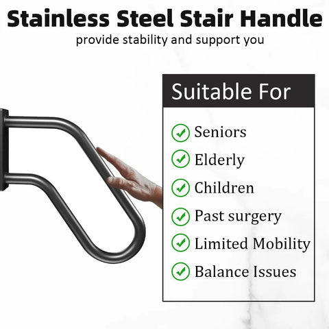 Rock Solid Wall Mounted Stair Handrail And Heavy Duty Grab Bar For Indoor Outdoor Porch Garage with U-shaped stainless steel grip.