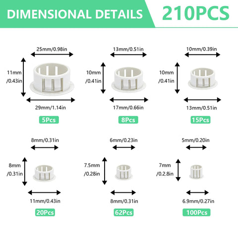 Dimensional chart of 210 piece white plastic screw hole plugs for round holes plastic knockout covers for furniture