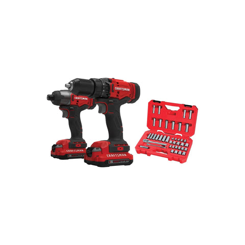 Red power drill set and open accessory case; not Mechanics Tool Set For The Garage With SAE And Metric 3 8 Inch Drive 40 Piece Featuring 72 Tooth Ratcheting Box End Quick Size Markings And Full Polish Chrome Finish For Easy Access In Tight Spaces.