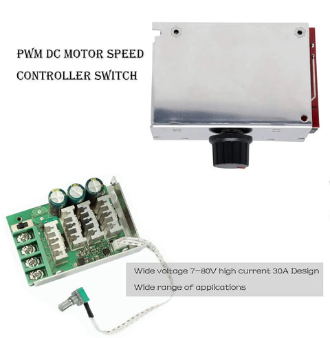 7-80V PWM DC Motor Speed Controller Switch 30A With On Board Stop Brake Function, Adjustable Potentiometer, 12KHz PWM Frequency