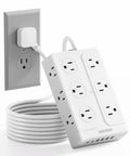 Massive Heavy Duty Surge Protector Power Strip With Twelve Roomy Outlets And Six Fast Charge USB Ports connected to a wall outlet.