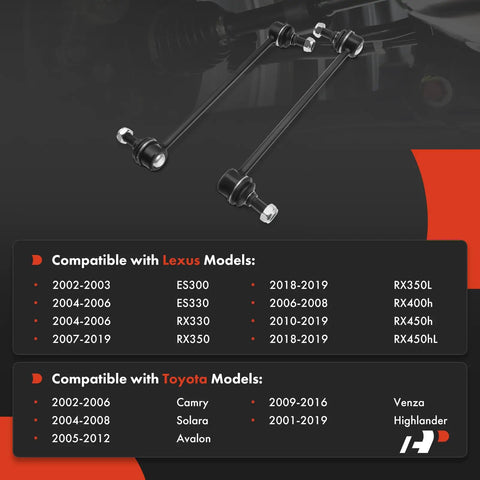 Front Sway Bar Link Stabilizer For Lexus ES300 ES330 RX330 RX350 RX450h RX450hL And Toyota Avalon Camry Highlander Solara Venza 2001 To 2019 Heavy Duty Suspension Link For Smooth Quiet Ride And Precise Handling, black steel 250 mm pair