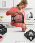 Woman pouring smoothie using Pour Spout Cover Replacement For Ninja Blender Lid 72oz Pitcher Square Top Clear Polycarbonate