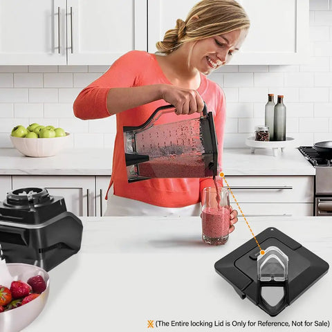 Woman pouring smoothie using Pour Spout Cover Replacement For Ninja Blender Lid 72oz Pitcher Square Top Clear Polycarbonate