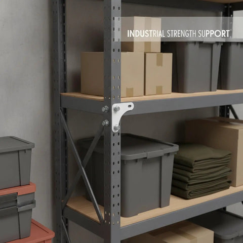 Heavy Duty Shelf Bracket Reinforcement Kit for angle steel racks in warehouse, stabilizes joints, keeps racks straight and strong