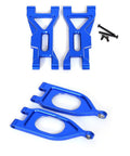 Beefed Up Aluminum RC Swing Arm Kit With Front Upper And Lower Suspension Arms For ARRMA Gorgon One-Tenth Scale 4X2 Two-Wheel Drive Monster Truck Upgrade Blue. Visible are blue aluminum swing arms and screws.
