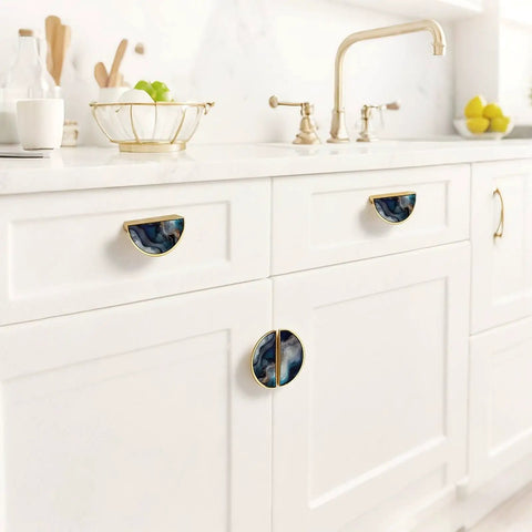 2 Pack Dope Deep Blue Gold Fluid Art Cabinet Pulls 3 Inch Center To Center Semicircle Drawer Handles on white cabinets