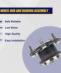 Rear Wheel Bearing And Hub Assembly Compatible With Lexus NX200t NX300 NX300h And Toyota RAV4 2006 To 2018 Rear AWD 5 Lug With ABS Replacement, showing product along with features like reliable, low noise, high quality, easy installation on a gray background.