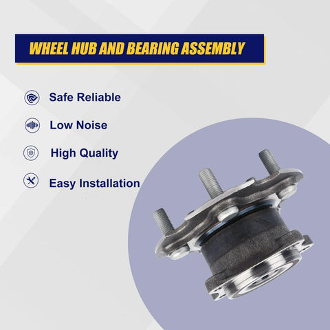 Rear Wheel Bearing And Hub Assembly Compatible With Lexus NX200t NX300 NX300h And Toyota RAV4 2006 To 2018 Rear AWD 5 Lug With ABS Replacement, showing product along with features like reliable, low noise, high quality, easy installation on a gray background.