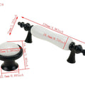 8 Pack Ceramic Drawer Pulls And Knobs Set In Black And White showing dimensions, including 126mm handles and 35mm knobs, zinc alloy and ceramic.