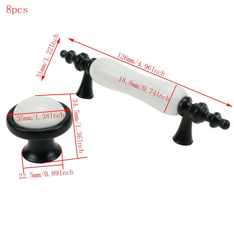 8 Pack Ceramic Drawer Pulls And Knobs Set In Black And White showing dimensions, including 126mm handles and 35mm knobs, zinc alloy and ceramic.