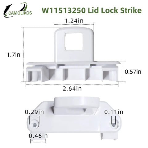 Direct Fit Lid Strike Replacement For Whirlpool And Maytag Washers W11513250 W11391550 OEM Parts AP7002929 PS16543459 EAP16543459 White 1 Pc Easy Install Durable Lock Hassle Free Repair, white plastic washer lid strike with dimensions shown
