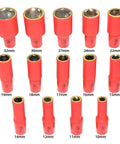 Pro Grade 36 Piece Insulated Socket Wrench Set Featuring 1000 Volt Safety Protection And Half Inch Drive Deep Sockets orientation of various deep sockets in red, including sizes from 10mm to 32mm, for auto repair.