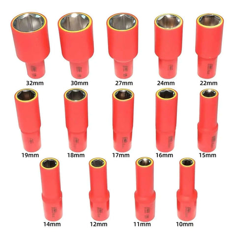 Pro Grade 36 Piece Insulated Socket Wrench Set Featuring 1000 Volt Safety Protection And Half Inch Drive Deep Sockets orientation of various deep sockets in red, including sizes from 10mm to 32mm, for auto repair.