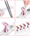 Pink Acrylic Nail Stand Set Magnetic Nail Art Display And Practice Holders With Double Sided Tape 2 Sets Including 1 Base And 5 Exercisers Each For DIY Salon Training showing setup process and mounted nails.