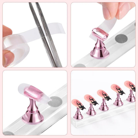 Pink Acrylic Nail Stand Set Magnetic Nail Art Display And Practice Holders With Double Sided Tape 2 Sets Including 1 Base And 5 Exercisers Each For DIY Salon Training showing setup process and mounted nails.