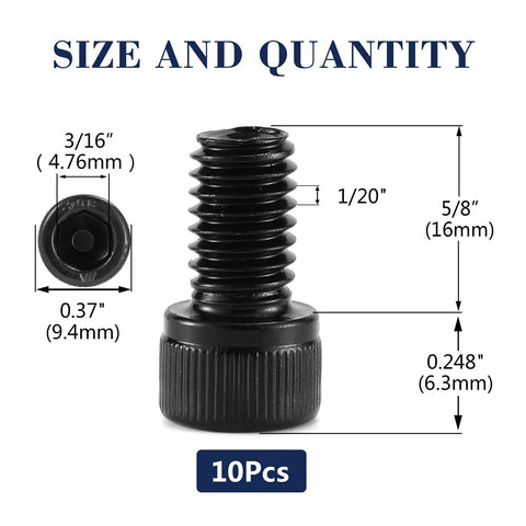 10 Pack 1/4-20 X 5/8 Socket Head Cap Screws Bolts Set with size measurements and dimensions for secure fastening.