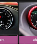 Before and after installation of Porsche Dashboard Center Clock Surrounding Compass Cover Dope Aluminum Ring Emblem Sticker Red