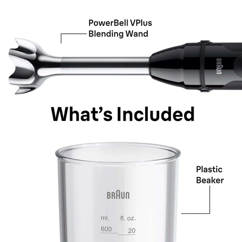 Professional Hand Blender With Turbo Boost And Powerbell Plus Tech For Ultra Smooth Purees And Creamy Soups A Hella Efficient Kitchen Workhorse Making Mealtimes A Breeze 500W blending wand and plastic beaker.
