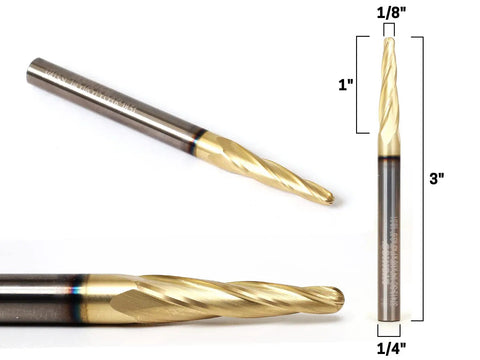 Tapered Endmill Ball Nose Router Bits Set for CNC Engraving Pro Grade Solid Carbide Spiral Cutters with 1 Quarter Inch Shank 1 Inch Cutting Length Includes 3 and 4 Flute Bits Multi Axis Carving ZRN Coated