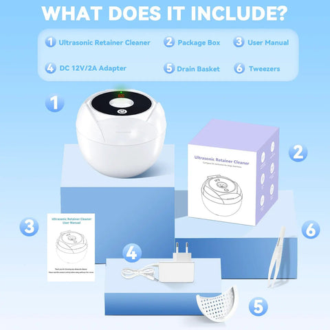 Ultrasonic Retainer Cleaner Machine With 45KHz Cleaning Power For Dentures, Aligners, Mouth Guards, Night Guards, Toothbrush Heads And Jewelry, Four Cleaning Modes, Digital Timer, 200ml Capacity, White, with box and accessories