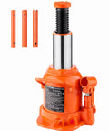 Front view of orange VEVOR hydraulic bottle jack (20 ton) with chrome cylinder and three orange extension tubes