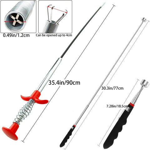 2 In 1 Magnetic Pickup Tool And Grabber Set With 35 Inch Flexible Claw And 30 Inch Telescoping Magnet 20 Lb Pull, shown with dimensions.