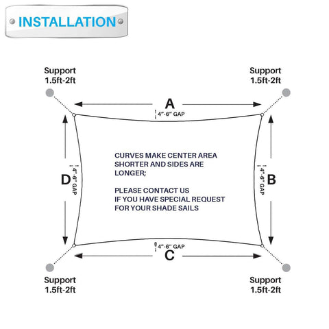 Diagram showing installation of Beige 8x8 Foot Shade Sail Rectangle Canopy For Patio And Backyard All Season Sun Block