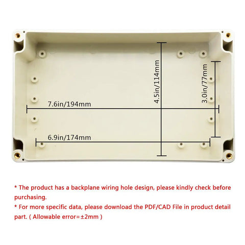 ABS Plastic Junction Box IP65 Dustproof Waterproof Electrical Enclosure With Clear PC Cover with interior measurements and features.