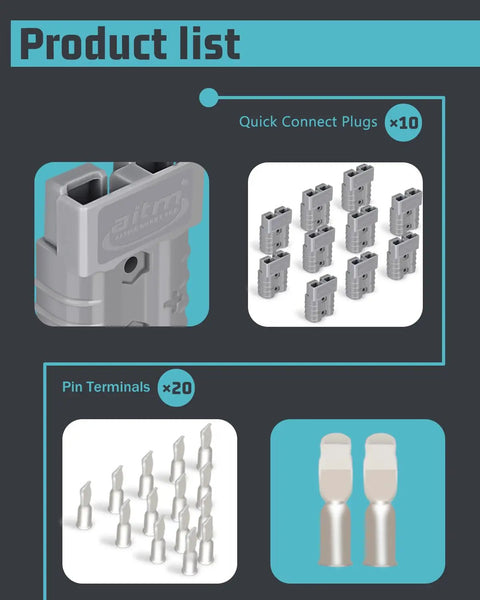 Straight Up Heavy Duty Anderson Battery Connectors 600V 50A Quick Release Power Plug Kits, 10 grey quick connect plugs.