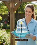 Woman holding Solar Powered Hanging Bird Bath Fountain for Outdoor Gardens, eco-friendly water cascade with flowing water, blue