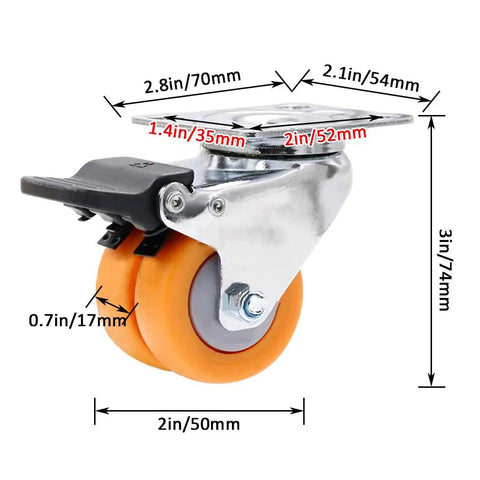 4 Pack Yellow Swivel Caster Wheels With Locking Brakes Silent Double TPE Rubber Casters, measuring 3 inches tall, with chrome bracket.