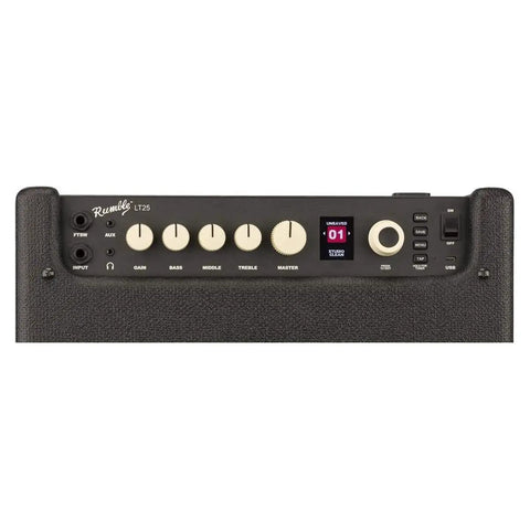 Front panel of Rumble LT25 Bass Amplifier With 8 Inch Speaker, Black Finish, showing ambidextrous controls and color display.