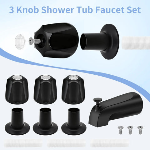 Matte Black 3 Knob Shower Tub Faucet Set With Diverter Spout For 1/2 Inch And 3/4 Inch Male Threaded Connections, Replacement Kit