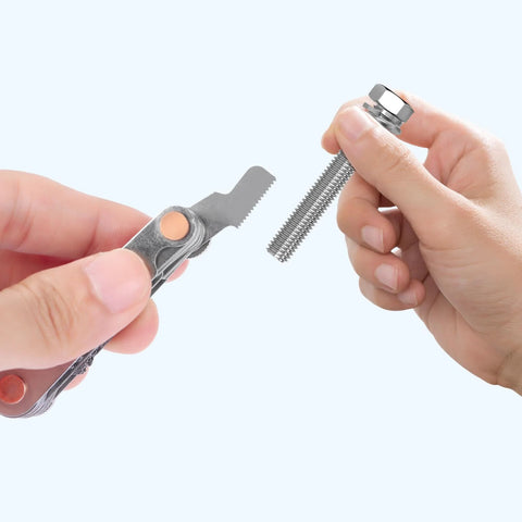 Front view of a stainless steel 3-in-1 thread pitch gauge with locking screw and a threaded bolt.