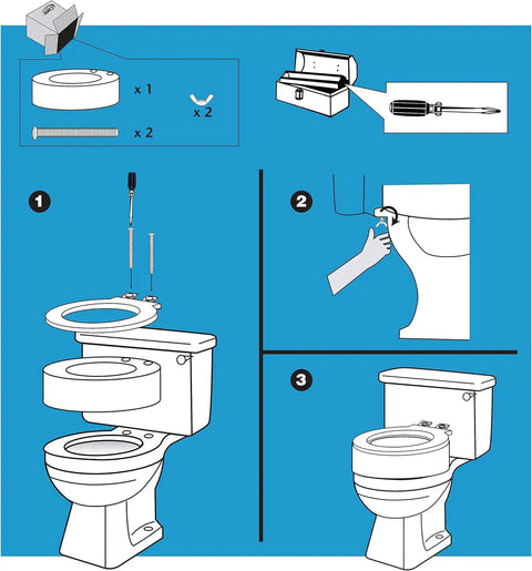 Installation instruction diagram for Elongated Toilet Seat Riser Adds 3.5 Inches For Easier Bending And Sitting Bolt On And Easy Install Under Existing Seat Supports Up To 300 Pounds Comfortable Height Boost That Fits Most Elongated Toilets