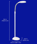 Lit Full Spectrum LED Floor Lamp With Adjustable Brightness And Flexible Gooseneck, dimensions shown, white color