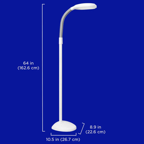Lit Full Spectrum LED Floor Lamp With Adjustable Brightness And Flexible Gooseneck, dimensions shown, white color