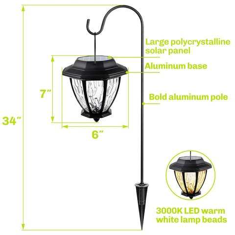 4 Pack Solar Pathway Lights With Shepherd Hook Hangers, Waterproof Hanging Lanterns For Your Yard Garden Or Porch, 34 Inch Tall Outdoor Solar Lanterns In Warm White 3000K Ambience That Slaps showing dimensions and features including polycrystalline solar panel and aluminum base.