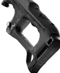 Close-up of D Tac Quick Release Butt Extension For Crossbows, black material with textured grip, fitted on Demun crossbows.