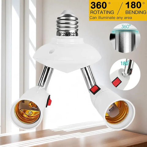 Two Bulbs In One Socket E26 E27 Adjustable Light Socket Splitter With 360 Degree Rotation And 180 Degree Bend 0 To 250V Compatible LED Bulb Adapter For Easy Flexible Lighting Setup